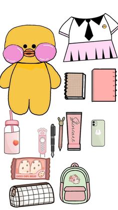 an assortment of items that include a teddy bear