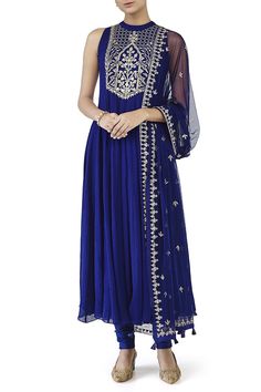 The Nesayem Suit by Anita Dongre Bollywood Fashion 2022, Gown With Shrug, Casual Anarkali, Georgette Suit, Navy Blue Gown, Blue Anarkali, Resham Embroidery, Shrug For Dresses, Gotta Patti