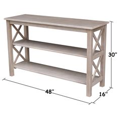 a wooden shelf with three shelves and measurements