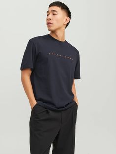 Text O-Neck T-shirt | Dark Blue | Jack & Jones® Tan Crew Neck T-shirt With Screen Print, Tan Cotton T-shirt With Text Print, Everyday Tan Cotton T-shirt, Tan Crew Neck T-shirt With Text Print, Printed Cotton T-shirt For Everyday, Everyday Relaxed Fit Printed T-shirt, Everyday Printed Relaxed Fit T-shirt, Everyday Printed Cotton T-shirt, Printed Crew Neck T-shirt For Everyday