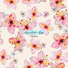 pink flowers on a white background with the words gurlk - less prints written in blue