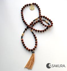 Rosewood, Smoky Quartz & Gold Mala - Sakura Designs Adjustable Brown Gemstone Mala, Adjustable Brown Gemstone Beads Mala, Adjustable Brown Mala With Gemstone Beads, Gold Mala, Tibetan Mala, Buddhist Mala, Black Plum, Adjustable Knot, French Knot