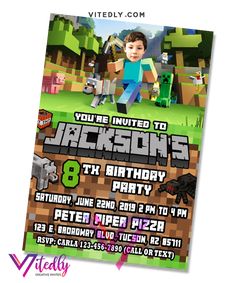 a minecraft birthday party flyer with an image of a boy on the front and back