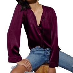 Stylish Nation Ltd Maura Relaxed Tie Top In Mulberry Brand New With Tags Attached Silky Feel Hammered Satin Metallic Raw Hem Luxe Romantic Poet Peasant Blouse Artsy Casual Boho Wine Burgundy Cabernet Fluted Sleeve From Pet-Free/Smoke-Free Home Thanks For Looking And Check Out My Other Closet Listings Mc Purple Blouse For Fall, Burgundy V-neck Blouse For Summer, Chic Burgundy V-neck Blouse, Burgundy V-neck Top For Date Night, Mulberry Color, Nation Ltd, Peasant Blouse, Boho Casual, Tie Top