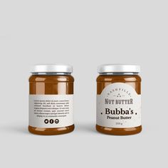 two jars of peanut butter sitting next to each other on a gray background with the words nut butter bubba's, peanut butter