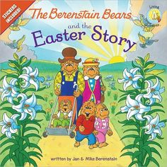 the three bears are standing in front of some flowers and trees with an easter story written on it