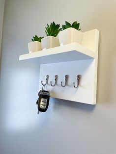 a white shelf with hooks and keys hanging from it's sides next to a potted plant