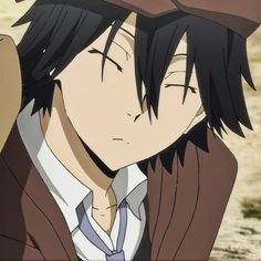 an anime character with black hair wearing a brown jacket and white shirt looking at the camera