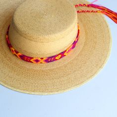 These Beautiful hat bands are carefully hand woven by Rosa in Chiapas,Mexico. Each band showcases a unique and colorful patterned design using traditional macrame techniques. Add a touch of handmade artistry to your hat collection today! Width 1” Length: 23 inches, not including fringe Fringe 9” each side , for an adjustable fit. Fits most hats Polyester yarn All items are shipped from US. All Mi Mundo Mexicano items are 100% handmade by artisans in Mexico. Each stitch and item is completely uni Wide Brim Straw Hat For Cinco De Mayo Festival, Multicolor Flat Brim Panama Hat For Festival, Handmade Flat Crown Beach Hat, Multicolor Straw Hat With Flat Brim For Festivals, Multicolor Flat Brim Straw Hat For Festival, Bohemian Straw Hat With Flat Crown For Beach, Bohemian Wide Brim Hat For Cinco De Mayo, Adjustable Straw Hat For Beach And Cinco De Mayo, Traditional Hat For Beach And Cinco De Mayo