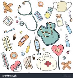 various medical items are arranged in the shape of a circle on a white background,