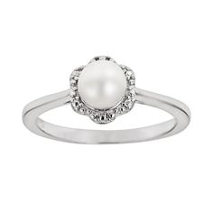 How lovely. A freshwater cultured pearl makes this flower ring the perfect pick. Accentuate your natural beauty with this sterling silver ring.    Studs add interest to the floral design.    Scrollwork adorns the sides of the setting.    Ring comes in a gift box.    Details:            6-mm cultured pearl        8-mm width        Rhodium-plated sterling silver                Gemstones may have been treated to enhance their appearance. Special care may be required. Please visit our Gemstone Treat Flower Shaped Pearl Ring For Wedding, Elegant Flower Ring With Birthstone For Anniversary, Elegant White Gold Flower Ring With Birthstone, Elegant Flower Shaped Birthstone Rings, Elegant Flower Shape Birthstone Rings, Elegant Flower-shaped Birthstone Rings, Elegant Sterling Silver Flower Ring With Birthstone, Delicate Pearl Birthstone Ring, Classic Oval Flower Ring