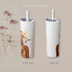 two white tumblers with flowers on them and the words front and back are shown