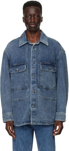 Non-stretch denim shirt. Fading throughout. · Spread collar · Button closure · Patch pockets · Shirttail hem · Dropped shoulders · Single-button barrel cuffs · Logo plaque at back collar · Pleats at back yoke Supplier color: Blue Washed Denim Collared Shirt, Unstructured Denim Shirt With Button Closure, Washed Blue Denim Button-up Shirt, Denim Blue Cotton Button-up Shirt, Denim 24/7 Shirts, Denim Shirt Men, Denim Pocket, Denim Shirt, Drop Shoulder