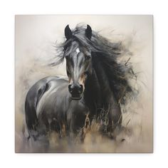 Black Horse Canvas Print Gallery Wrap - Illustration Black Horse Art, Horse Paintings Acrylic, Buddha Painting Canvas, Animal Paintings Acrylic, Horse Canvas Painting, Horse Wall Art Canvases, Horse Canvas, Blowing In The Wind, Colored Pencil Artwork