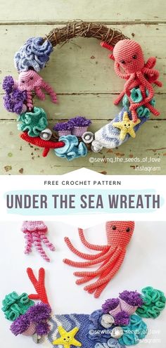 an octopus wreath made out of crochet is shown with the words under the sea wreath