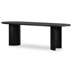 a black table with an oval shaped top and curved legs, on a white background