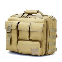 a large tan bag with multiple compartments