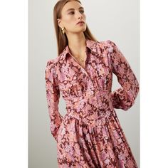 Pink floral crepe (100% Recycled Polyester). Empire. Long sleeves. Collar. Front button closure. Imported. Floral Print Long Sleeve Blouse For Garden Party, Spring Floral Print Dress With Collared Neckline, Feminine Long Sleeve Floral Dress For Casual Wear, Feminine Long Sleeve Floral Dress For Casual Occasions, Collared Floral Print Dresses For Fall, Floral Print Midi Dress For Work, Fall Floral Print Collared Dress, Long Sleeve Floral Dress For Casual Occasions, Chic Long Sleeve Floral Dress With Ditsy Print