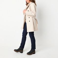 This Liz Claiborne women's softshell trench jacket is a versatile and stylish addition to your wardrobe for the cooler months. Made from a lightweight woven fabric for a fitted-fit, it features a notch lapel, long sleeves, two front slip pockets, a button-front, and a belted waist that accentuates the figure. Wear it with jeans and boots for a chic look.Features: BeltedClosure Type: ButtonFit: FittedPockets: 2 Front Slip PocketsSleeve Length: Long SleeveWarmth Factor: LightweightApparel Length:… Beige Spring Outerwear For Rainy Weather, Beige Outerwear For Rainy Spring Weather, Beige Spring Rain Outerwear, Beige Spring Rainy Weather Outerwear, Weatherproof Long Sleeve Raincoat For Work, Weatherproof Long Coat For Workwear, Solid Weatherproof Outerwear For Workwear, Solid Color Weatherproof Outerwear For Workwear, Solid Weatherproof Outerwear For Work