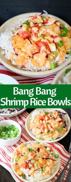 bang bang shrimp rice bowls with peas and carrots in the middle, on a red and white striped tablecloth