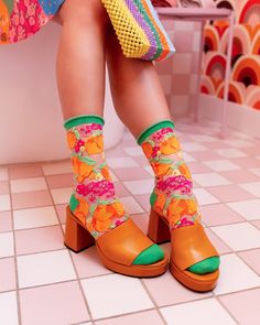 Orange Floral Sheer Crew Sock Sock Candy, 80s Socks, Orange Sandals, Slouch Socks, Nylon Socks, Pointy Heels, Felt Cowboy Hats, Sheer Socks, Green Heels