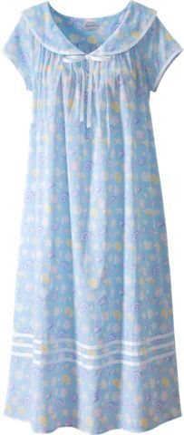 Lanz seashell nightgown features a sailor collar with grosgrain ribbon and capped sleeves. Slip into this nautical cotton lawn gown for exceptional comfort.