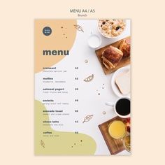 a menu with food and drinks on it, sitting on top of a white table