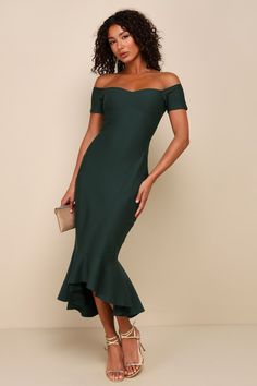 Slip into the Lulus How Much I Care Dark Green Off-the-Shoulder Midi Dress and dance the night away! Medium-weight stretchy ponte knit shapes this stunning dress that features a sweetheart neckline (with no-slip strips) and darted bodice, framed by short off-the-shoulder sleeves. Fitted waist tops a figure-flattering midi skirt with a trumpet silhouette and ruffled high-low hem. Fit: This garment fits true to size. Length: Knee to mid-calf length. Size medium measures 50" from top to bottom. Bus Green Wedding Guest Dresses, Dark Green Midi Dress, Trumpet Silhouette, Formal Wedding Guest Dress, Trumpet Dress, Guest Attire, Wedding Attire Guest, New Years Eve Outfits, Midi Cocktail Dress