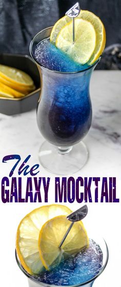 the galaxy mocko cocktail is ready to be served with lemon slices and blue liquid