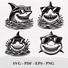 four different types of shark with sunglasses