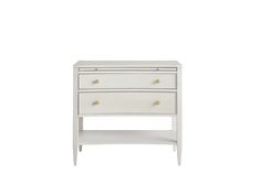 a white nightstand with two drawers and gold knobs on the bottom, against a white background