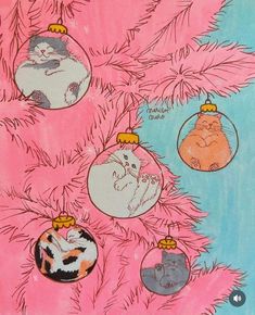 a pink christmas tree with ornaments and cats on it's ornament hanging from the branches