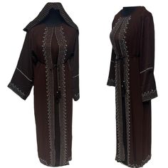 Luxury Modest Women Brown Abaya Farasha Jalabiya Arab Dress With Stone Works. As a result, comes in original plastic wrap with Hijab included. Beautiful material with a premium feel. Exclusive new design Abaya.      Comes with a free scarf and belt  Latest new design!  Fabric: nida and chiffon  Colour: brown  Close front   stone works  Latest new design!  Suitable for easy iron.   Do not tumble dry.  Dry clean  The scarf is free and it may be little different in colour and design   Abayas are known by many name such as modest Islamic clothing, jilbab, jalabiya Arab rob, long dress, Muslim clothing, Kimonos . However, they serve the same purpose: to cover. Other models are usually kaftans, cut from light, flowing fabrics like crepe, georgette, nida, and chiffon. Other known styles are open Long Abaya With Dabka Work, Eid Brown Dabka Kaftan, Brown Long Dress For Eid, Long Brown Dress For Eid, Long Brown Dresses For Eid, Brown Long Thobe For Eid, Traditional Brown Abaya For Eid, Festive Long Brown Kaftan, Brown Abaya