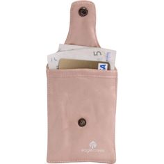 a pink pouch with two cards and money in it on a white background for use as a phone holder