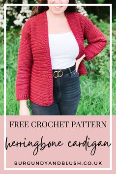 a woman wearing a red crochet cardigan with text overlay that reads free crochet pattern herringbone cardigan