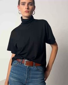 Your go-to turtleneck met your every day oversized tee. The result? A new, chic essential. (This one comes in Jet Black.) | Women's Fable Turtleneck Top in Jet Black | Ethical Essentials New Chic, Turtleneck Top, Mock Turtleneck, Style Crush, Turtle Neck Top, Oversized Tee, Black Top, Jet Black, Black Shorts