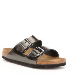 Silver Round Toe Slides With Buckle Closure, Silver Open Toe Slides With Buckle, Silver Open Toe Slides With Buckle Closure, Silver Leather Slides With Cushioned Footbed, Casual Silver Leather Slides, Silver Slides With Leather Footbed, Leather Slides With Adjustable Strap, Flat Shape, Birkenstock Women, Metallic Sandals