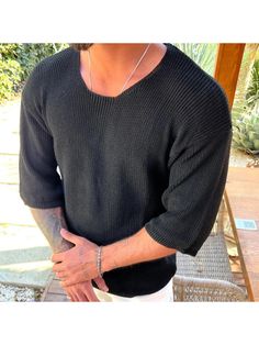 Men Sweaters, Knitted Wool 3/4 Sleeve Solid T-Shirt Sweaters Knitted, Men Sweater, T-shirt, Wool, T Shirt, Manche