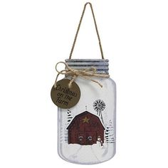 DescriptionChristmas on the Farm Mason Jar Hanger is a wooden ornament that is shaped like a mason jar. It has a painted finish and illustrates a red barn in a snowy landscape. It is accented by corrugated metal, a wooden tag, a jute rope bow and unpainted edges for a rustic finish . The wood tag reads, Christmas on the farm in black lettering and it is easily hung by its jute hanger for display on a hook, nail, or any Christmas tree. Measures 8 high by 4.5 wideSpecifications UPC - 842756012483 Farm Scene Painting, Mason Jar Hanger, Snowy Pine Trees, Christmas On The Farm, Mason Jar Art, Mason Jar Door Hanger, Mason Jar Sign, Mason Jar Design, Scene Painting