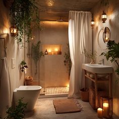 a bath room with a toilet a sink and a bath tub surrounded by plants on the walls