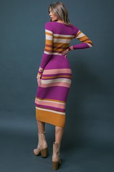 This EVENING OF ELEGANCE SWEATER MIDI DRESS features a U neckline and long sleeves for a classic, elegant silhouette. The ribbed fabric accentuates your body’s contours, giving you the perfect figure-hugging fit. Whether you’re attending a formal event or a date night, this timeless dress will make you look and feel effortlessly glamorous. DetailsSelf : 45% Viscose 55% Nylon Size & Fit- Model is 5`8" And Wearing Size Small- Measurements Taken From Size Small- Approx. Length: 24" Chained To The Rhythm, Sweater Midi Dress, Evening Midi Dress, Timeless Dress, Perfect Figure, Flying Tomato, Top And Pants Set, Pink And Brown, Striped Midi Dress