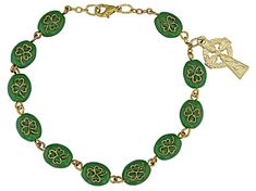 Artisan Collection of Ireland™ Ceramic Shamrock Bead Gold Tone Celtic Rosary Bracelet. Measures Approximately 8.0"L x 0.33"W. Lobster Claw Clasp. Green Oval Beads Bracelet As A Gift, Beaded Bracelet Jewelry For Good Luck, Good Luck Beaded Bracelet Jewelry, Good Luck Beaded Bracelet, Handmade Green Rosary Bracelet Gift, Spiritual Green Rosary Bracelet With Round Beads, Adjustable Handmade Green Rosary Bracelet, St Patrick’s Day Bracelets, Shamrock Bracelet