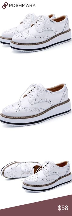 White Oxford Platform Lace-Up Shoes PU Leather Rubber sole Heel height 4.5cm Adjustable lace-up closure, water resistant and leather upper offers durability, retro british brogue design ALL DAY COMFORT: Comfortable platform with non-skid, much lighter than you imagine.  Please order half size bigger than your regular price Shoes Sneakers Price Shoes, White Oxford, Oxford Platform, Oxford White, Shoes Leather, Lace Up Shoes, Shoe Shop, Cream White, Womens Shoes Sneakers