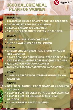 This meal plan has total calories of 1660, which provides a balanced mix of protein, healthy fats, and carbohydrates, and includes plenty of fruits and vegetables for fiber, vitamins, and minerals. you can adjust this meal plan according to individual needs and preferences. 1600 Calorie Diet Meal Plans, Gluten Free Calorie Deficit Meal Plan, Calorie Deficit Meal Plan 1800 Calories, 1600 Calorie Meal Plan For Women, 0 Calorie Snacks, 1700 Calorie Meal Plan, Calorie Deficit Snacks, Calorie Deficit Meals, 1600 Calorie Diet