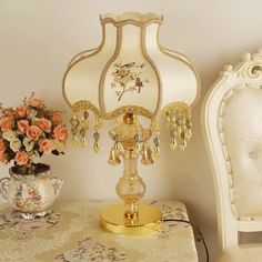 Scalloped Gold Table Light With Crystal Drops - Traditional 1-Head Night Lamp 1800s Bedroom, Victorian Lampshades, Lamps Bedroom, Flowers Wallpapers, Gold Table Lamp, Stand Light, Metal Hanging Lights, Gold Table, Semi Flush Mount Lighting