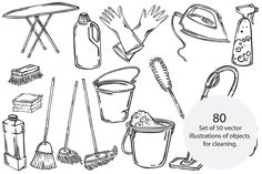 a set of 30 hand drawn illustrations of cleaning supplies