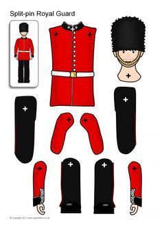 paper doll with red uniform and black shoes for the royal guard, complete with accessories