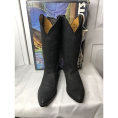 Nocona Boots Size 9 Black Black Leather Boots For The Ranch, Black Leather Sole Boots For Ranch, Classic Black Boots With Suede Lining, Black Leather Boots For Ranch, Western Style Black Boots With Heel Pull Tab, Black Snip Toe Boots For Ranch, Vintage Black Boots For Ranch, Western Black Boots With Heel Pull Tab, Black Western Boots With Leather Lining