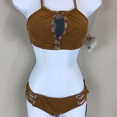 Yumi Two Piece Bikini Size S Nwt Halter, Tie Neck, Suede Look Fabric, Embroidered Trim 1860 Fitted Brown Halter Top For Beach, Fitted Brown Swimwear For Festival, Brown Fitted Halter Top For Vacation, Fitted Brown Halter Top For Vacation, Jumpsuit Coverup, Striped Bathing Suit, Monday Swimwear, Swim Cover Up Dress, Triangl Swimwear