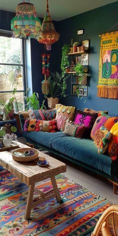 a living room filled with lots of colorful furniture and decor on top of a rug